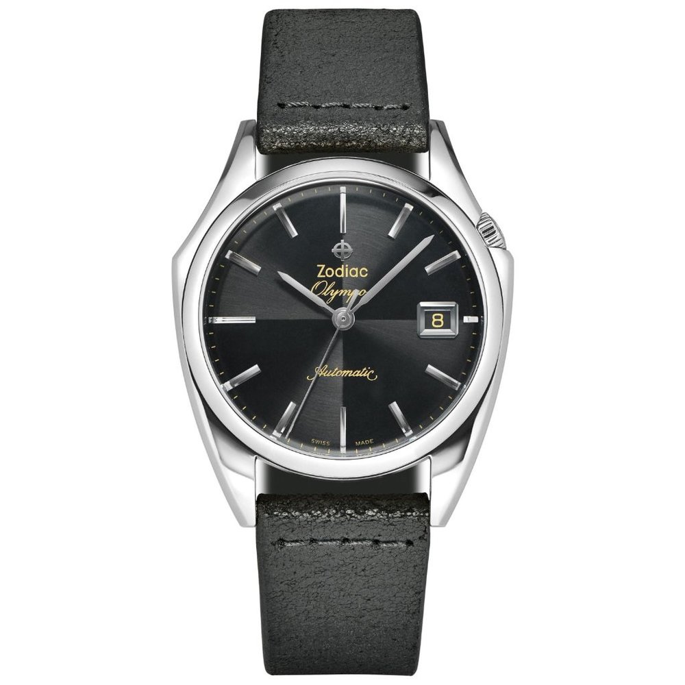 Zodiac Black Olympos Steel Black Leather Swiss Automatic Men's Watch ZO9700 NEW
